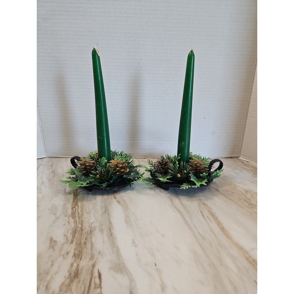 Vintage Taper Candle Ring Set Green Plastic Hong Kong Xmas Decor Holiday